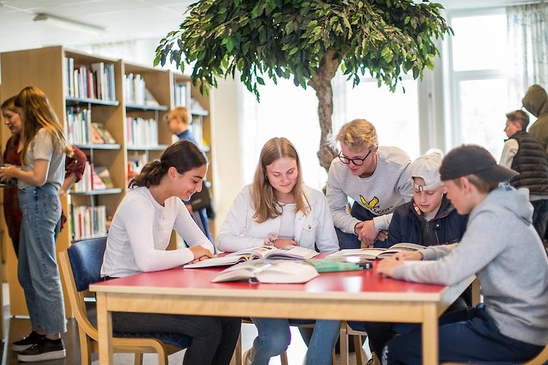 Studenter arbetar tillsammans i skolans mediotek