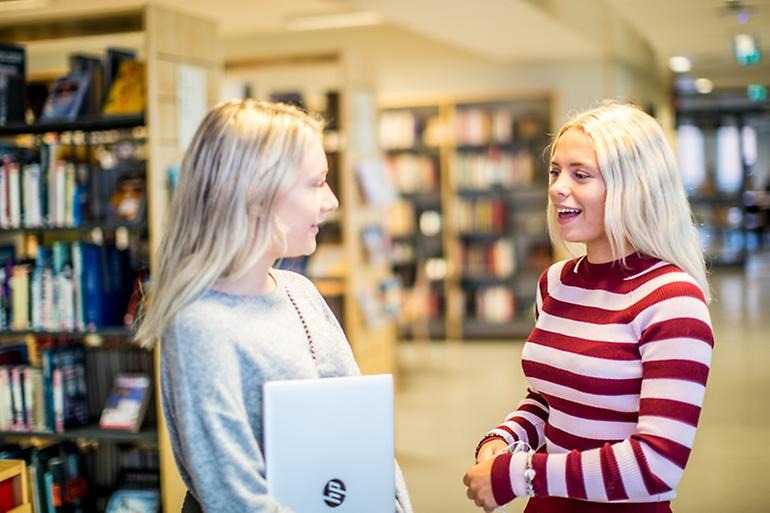 Två studenter diskuterar med varandra i skolans mediotek